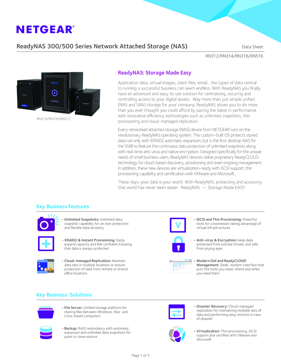 NETGEAR RN31200-100NAS manual Key Business Features, Key Business Solutions, RN314/RN516/RN312 