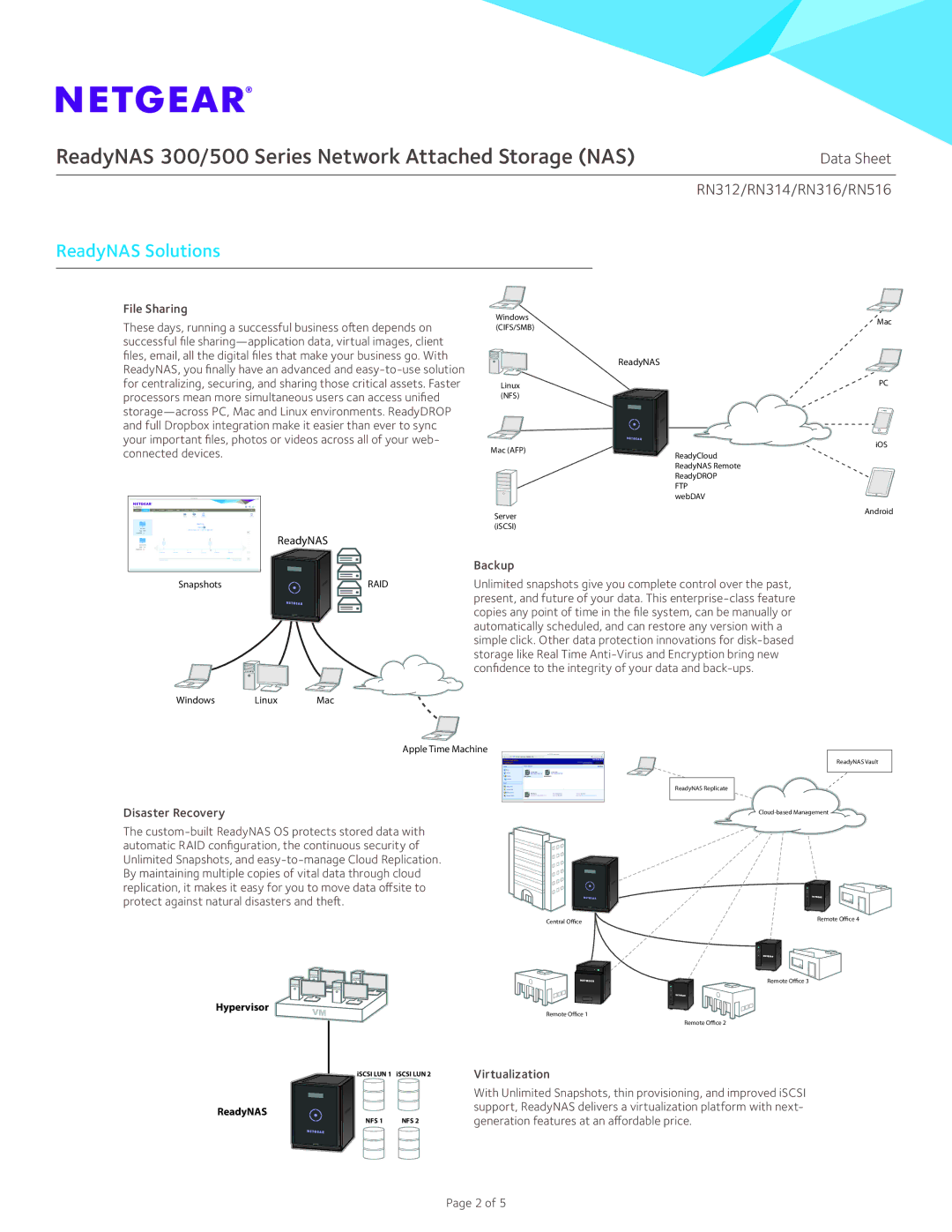 NETGEAR RN31200-100NAS manual ReadyNAS Solutions, File Sharing, Backup, Disaster Recovery 