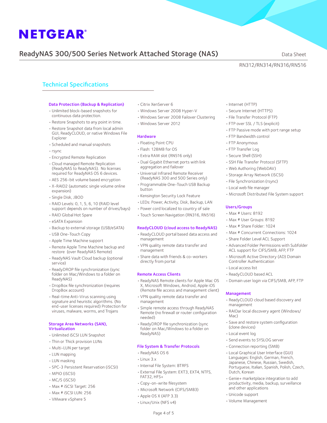 NETGEAR RN31200-100NAS manual Technical Specifications 