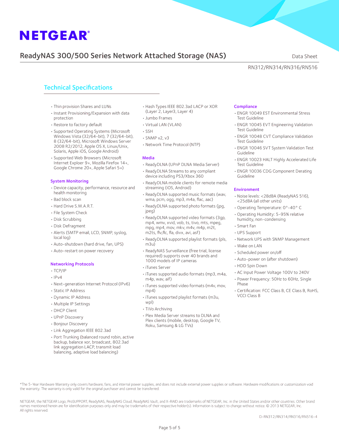 NETGEAR RN31200-100NAS manual System Monitoring, Networking Protocols, Media, Compliance, Environment 