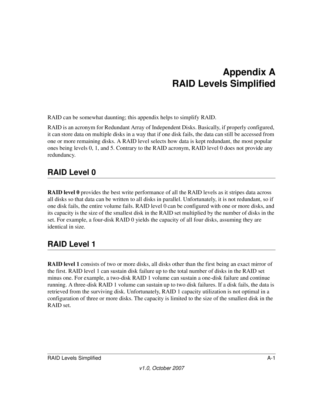 NETGEAR RN10223D-100NAS, RN31400-100NAS, RN31441E-100NAS, RN10400100NAS manual Appendix a RAID Levels Simplified 