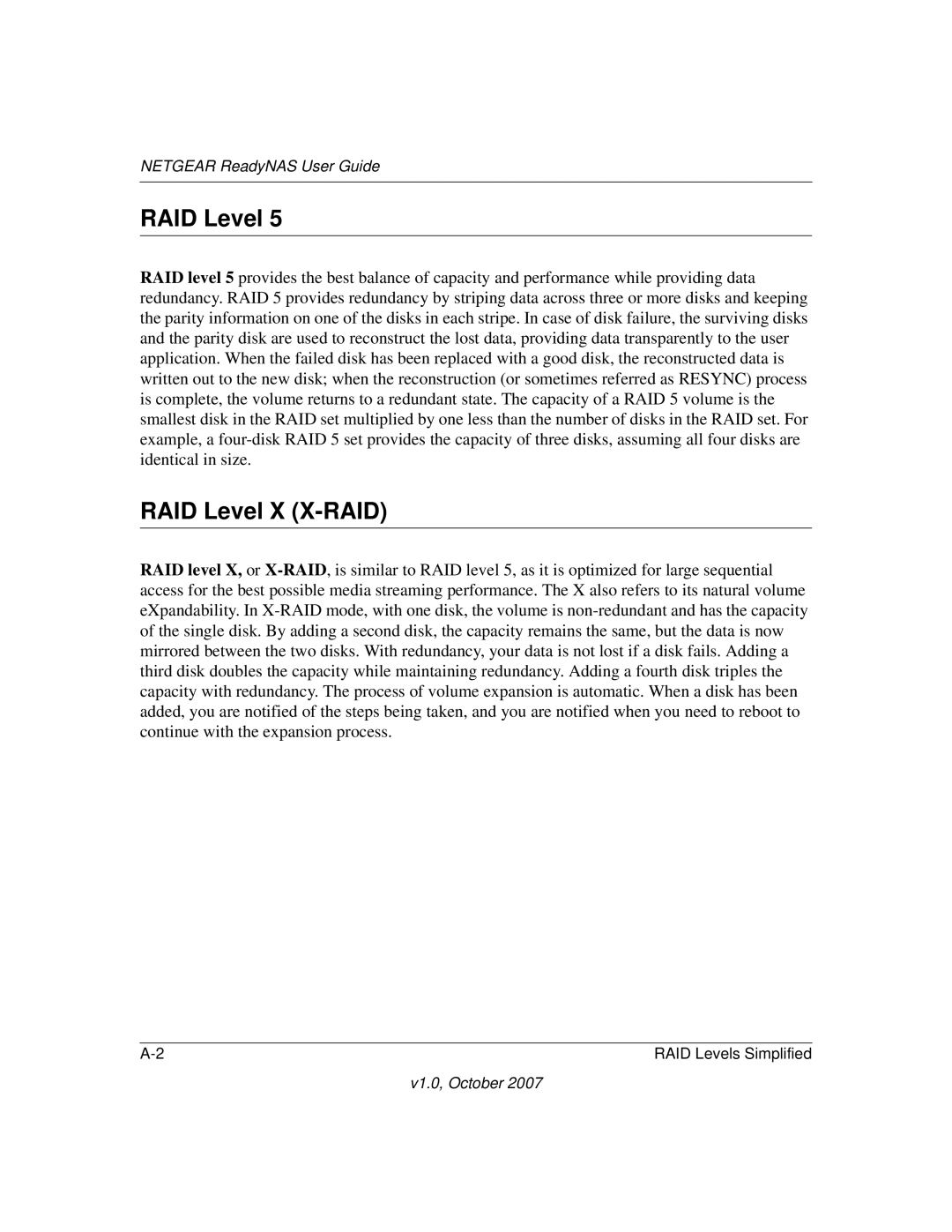 NETGEAR RN31441E-100NAS, RN31400-100NAS, RN10223D-100NAS, RN10400100NAS manual RAID Level X X-RAID 