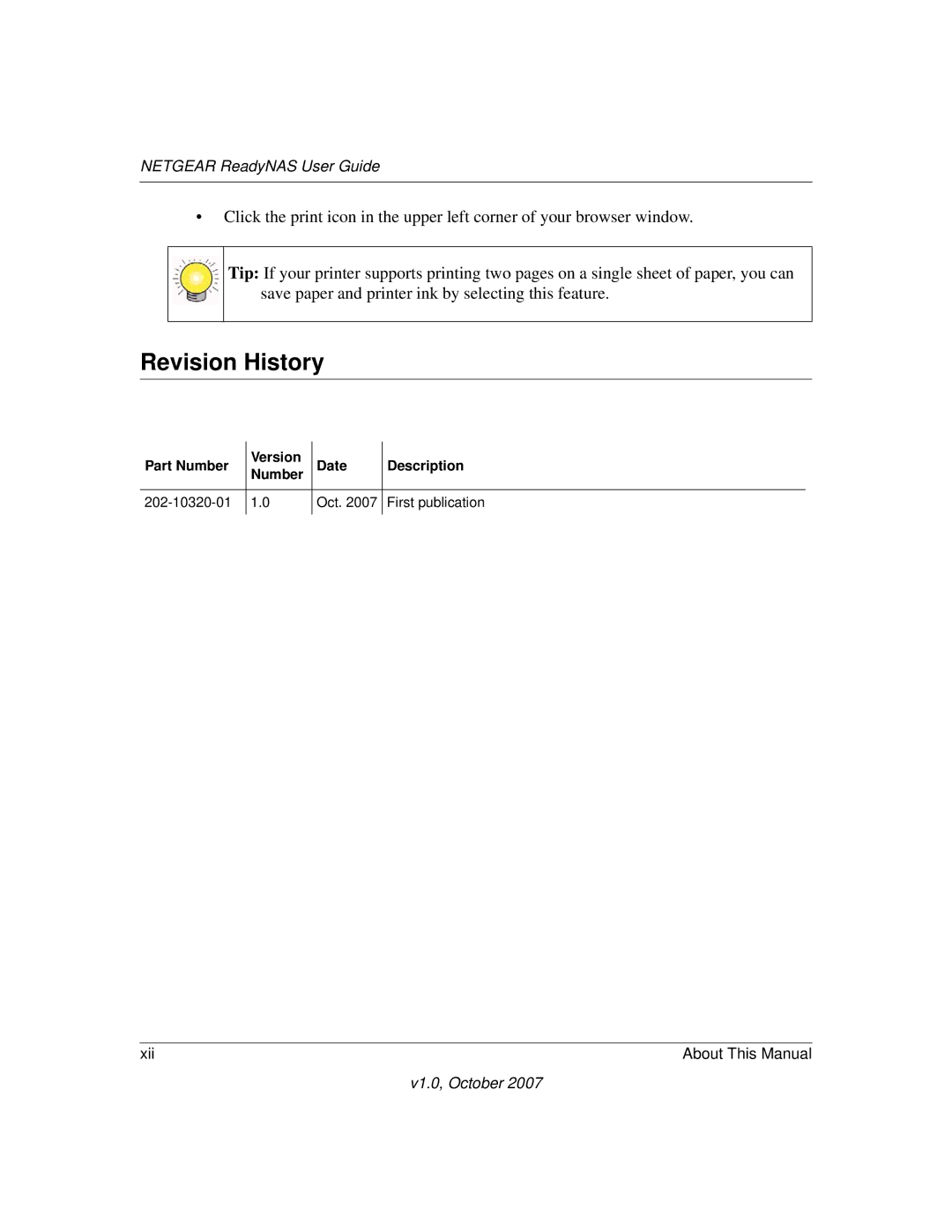 NETGEAR RN31400-100NAS, RN10223D-100NAS, RN31441E-100NAS, RN10400100NAS manual Revision History 