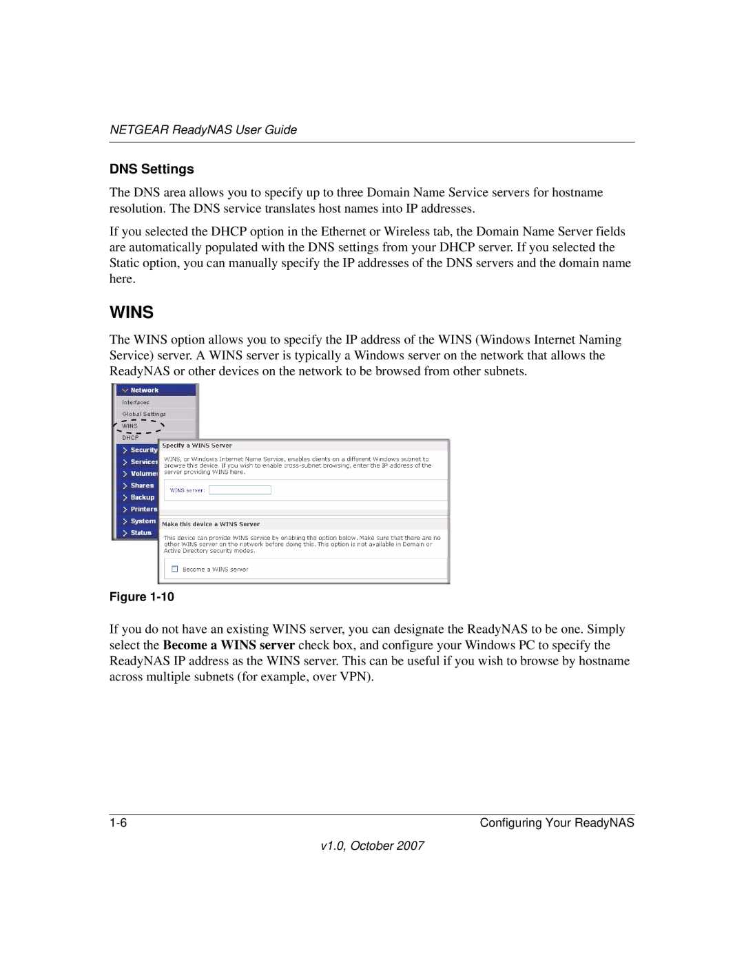 NETGEAR RN31441E-100NAS, RN31400-100NAS, RN10223D-100NAS, RN10400100NAS manual Wins, DNS Settings 