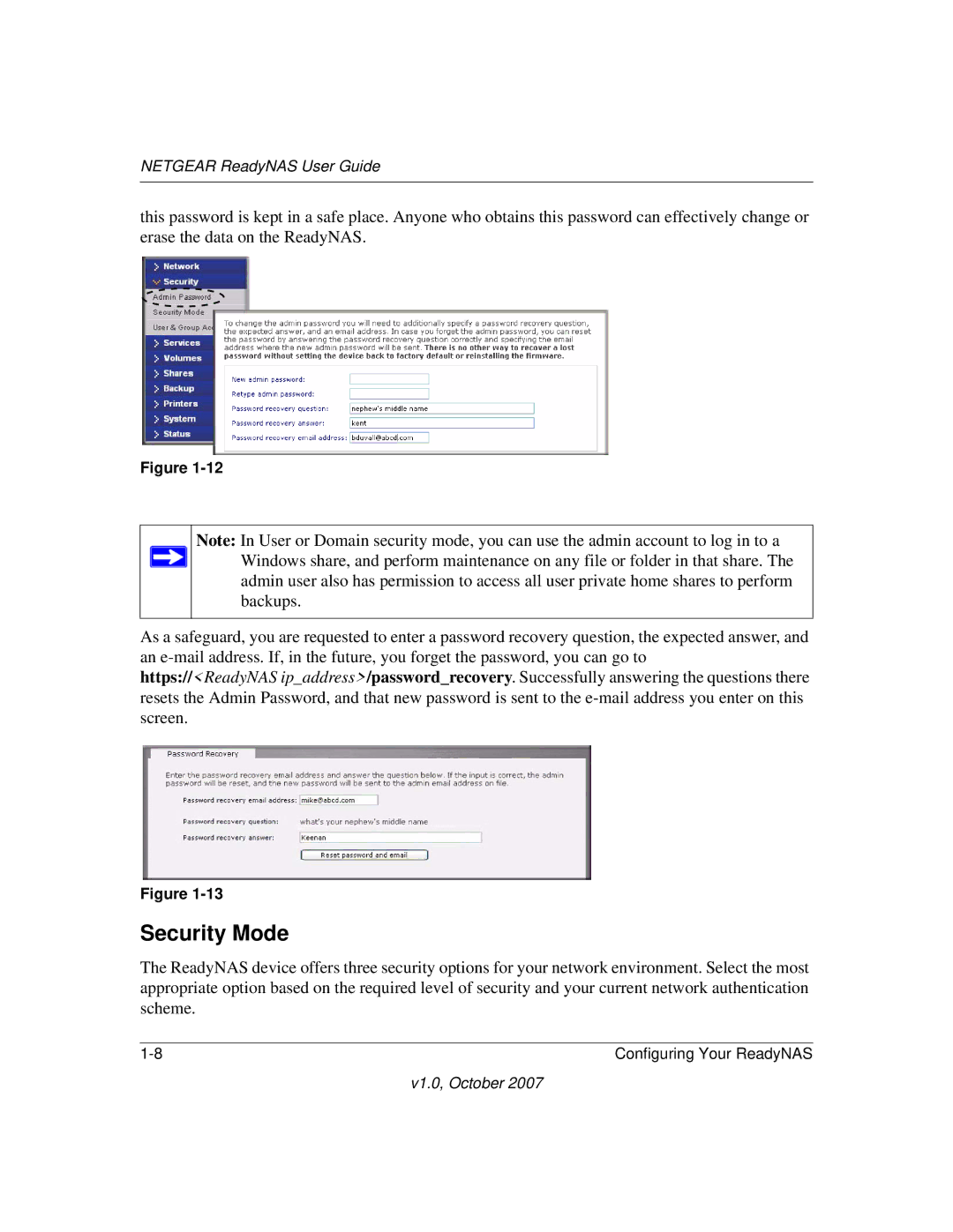 NETGEAR RN31400-100NAS, RN10223D-100NAS, RN31441E-100NAS, RN10400100NAS manual Security Mode 