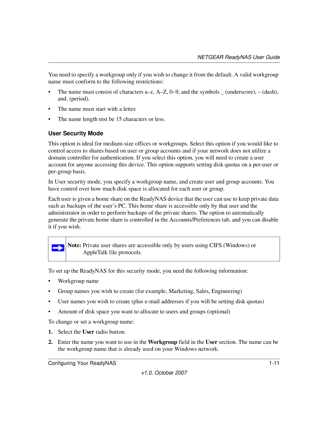 NETGEAR RN10400100NAS, RN31400-100NAS, RN10223D-100NAS, RN31441E-100NAS manual User Security Mode 