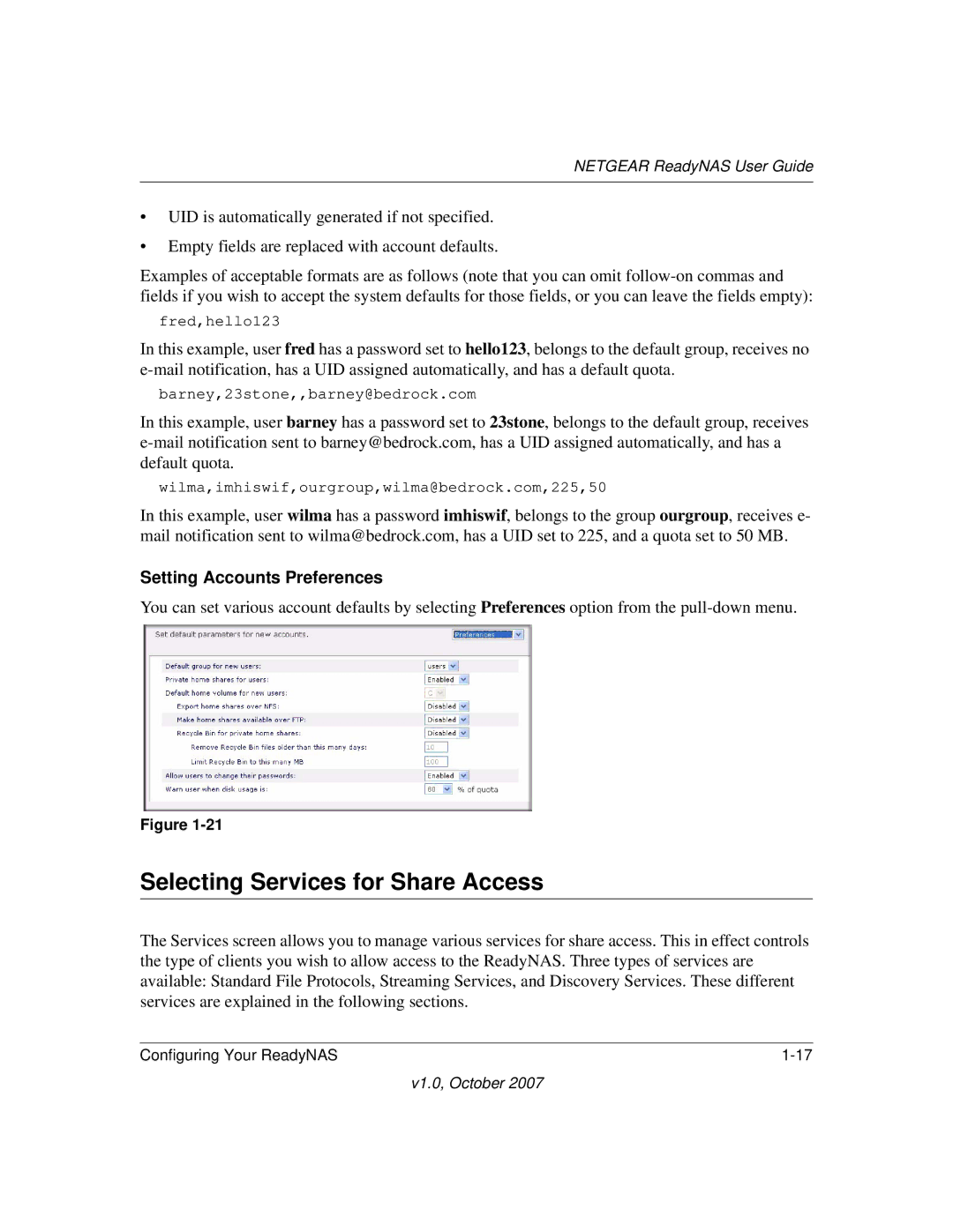 NETGEAR RN10223D-100NAS, RN31400-100NAS, RN31441E-100NAS Selecting Services for Share Access, Setting Accounts Preferences 