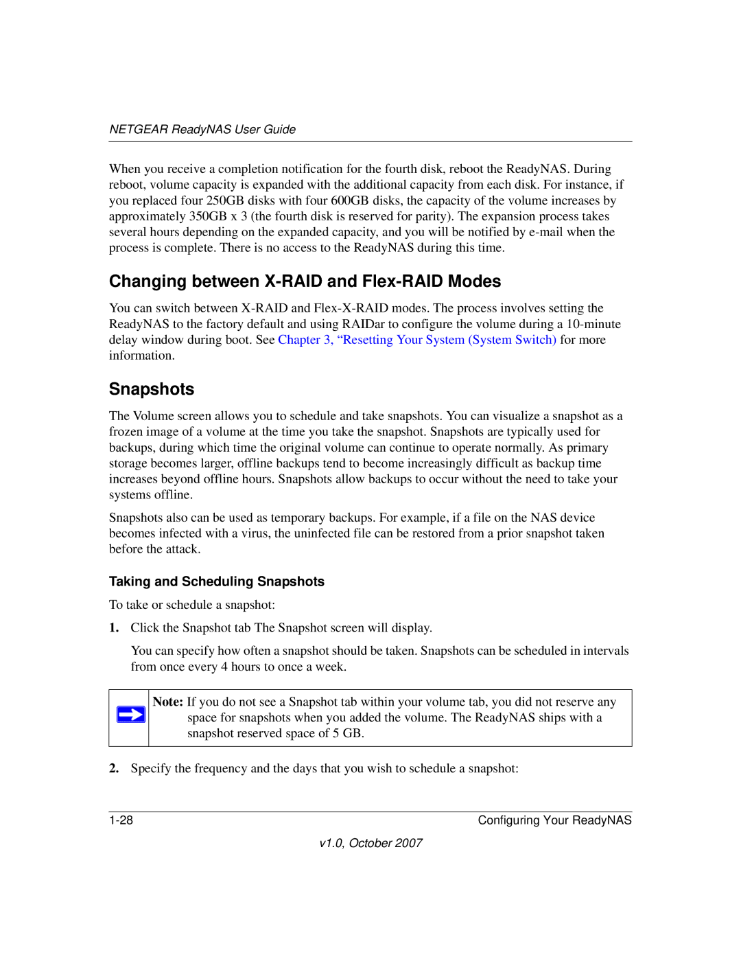 NETGEAR RN31400-100NAS, RN10223D-100NAS Changing between X-RAID and Flex-RAID Modes, Taking and Scheduling Snapshots 