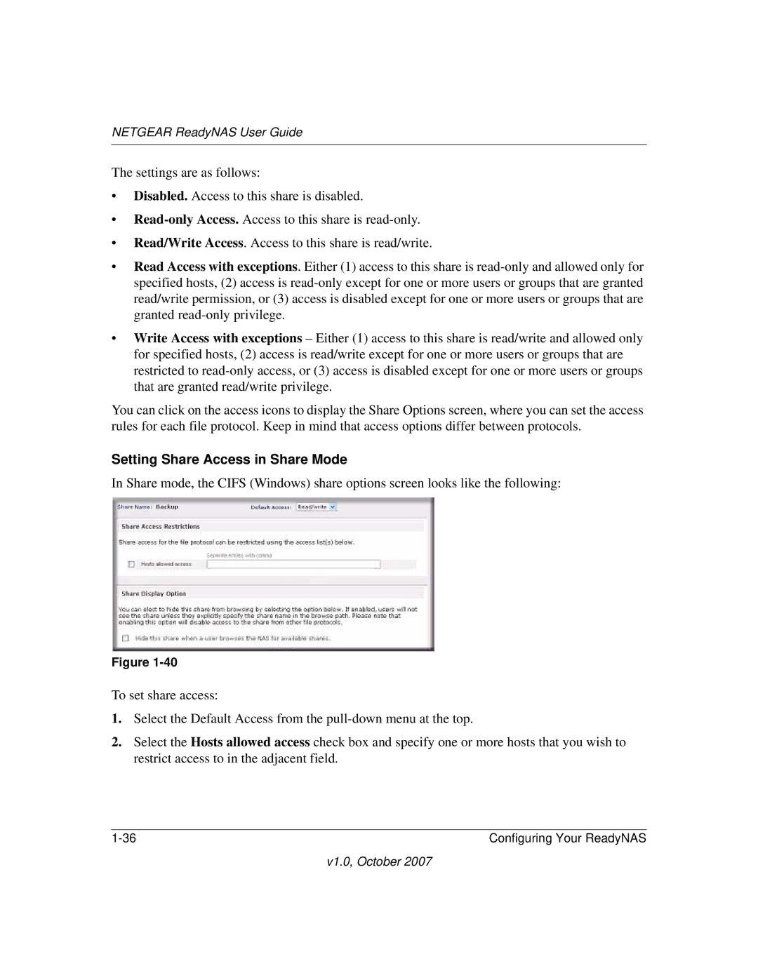 NETGEAR RN31400-100NAS, RN10223D-100NAS, RN31441E-100NAS, RN10400100NAS manual Setting Share Access in Share Mode 