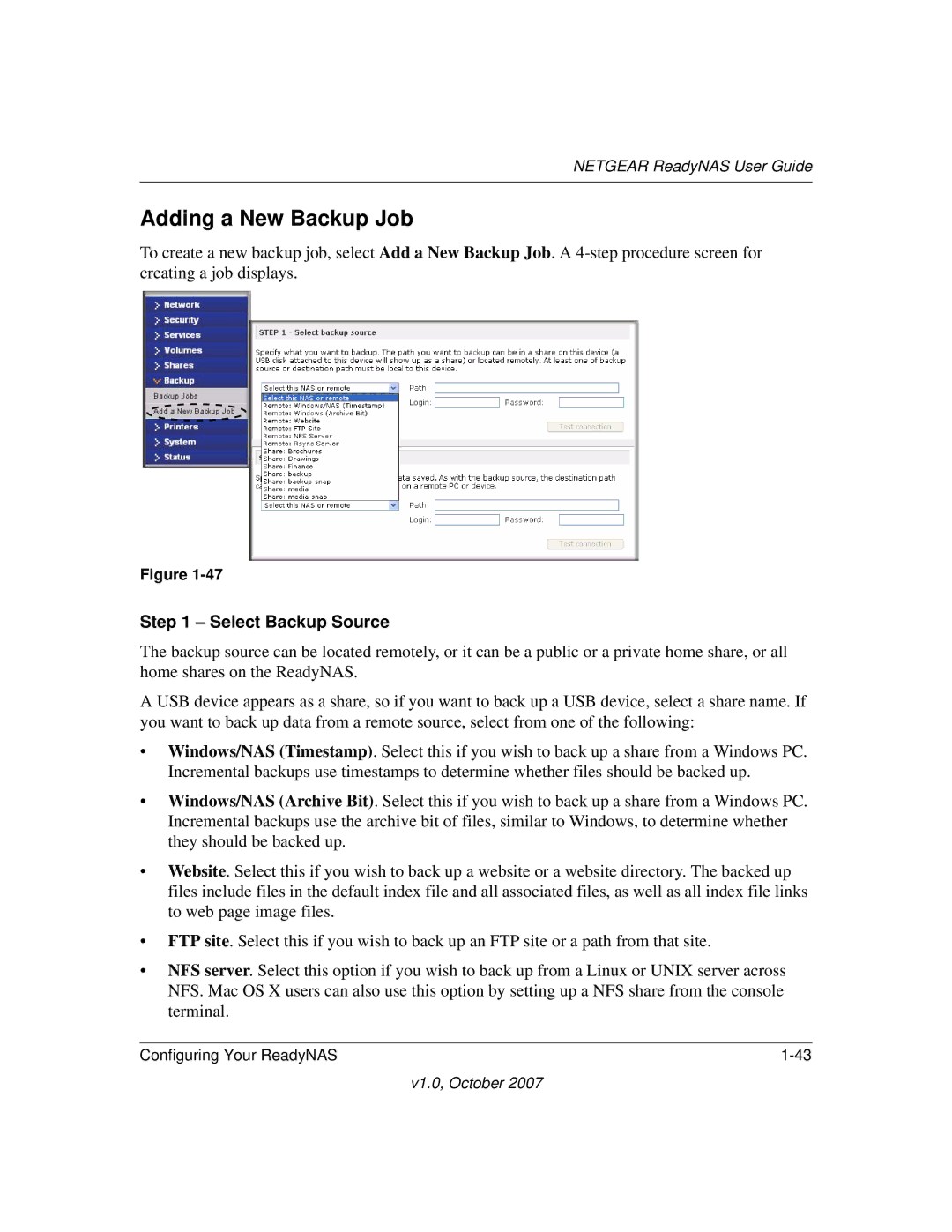 NETGEAR RN10400100NAS, RN31400-100NAS, RN10223D-100NAS, RN31441E-100NAS manual Adding a New Backup Job, Select Backup Source 