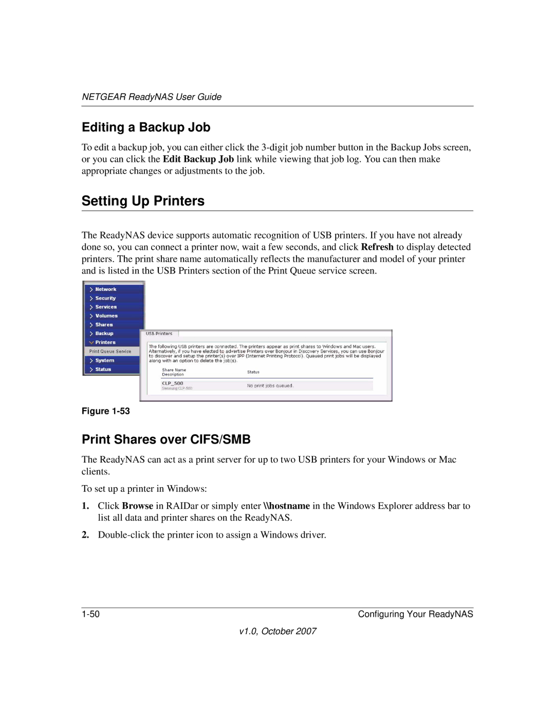 NETGEAR RN31441E-100NAS, RN31400-100NAS manual Setting Up Printers, Editing a Backup Job, Print Shares over CIFS/SMB 