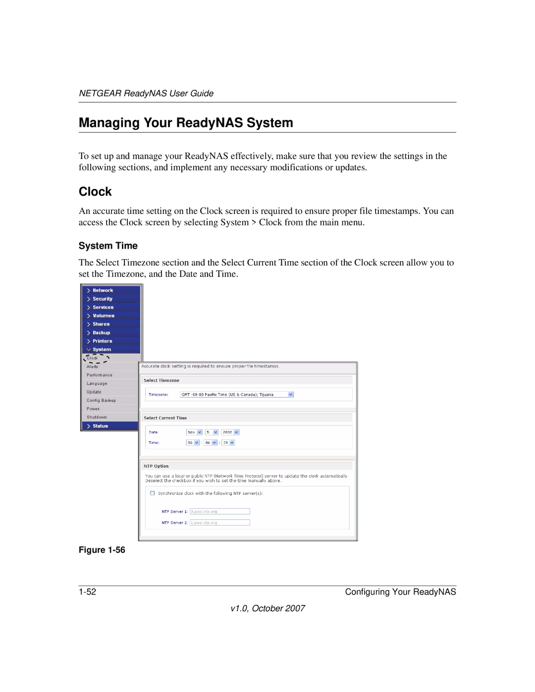 NETGEAR RN31400-100NAS, RN10223D-100NAS, RN31441E-100NAS, RN10400100NAS Managing Your ReadyNAS System, Clock, System Time 