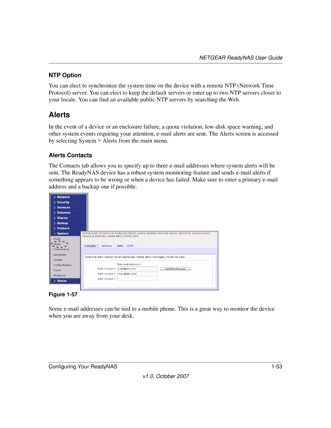 NETGEAR RN10223D-100NAS, RN31400-100NAS, RN31441E-100NAS, RN10400100NAS manual NTP Option, Alerts Contacts 