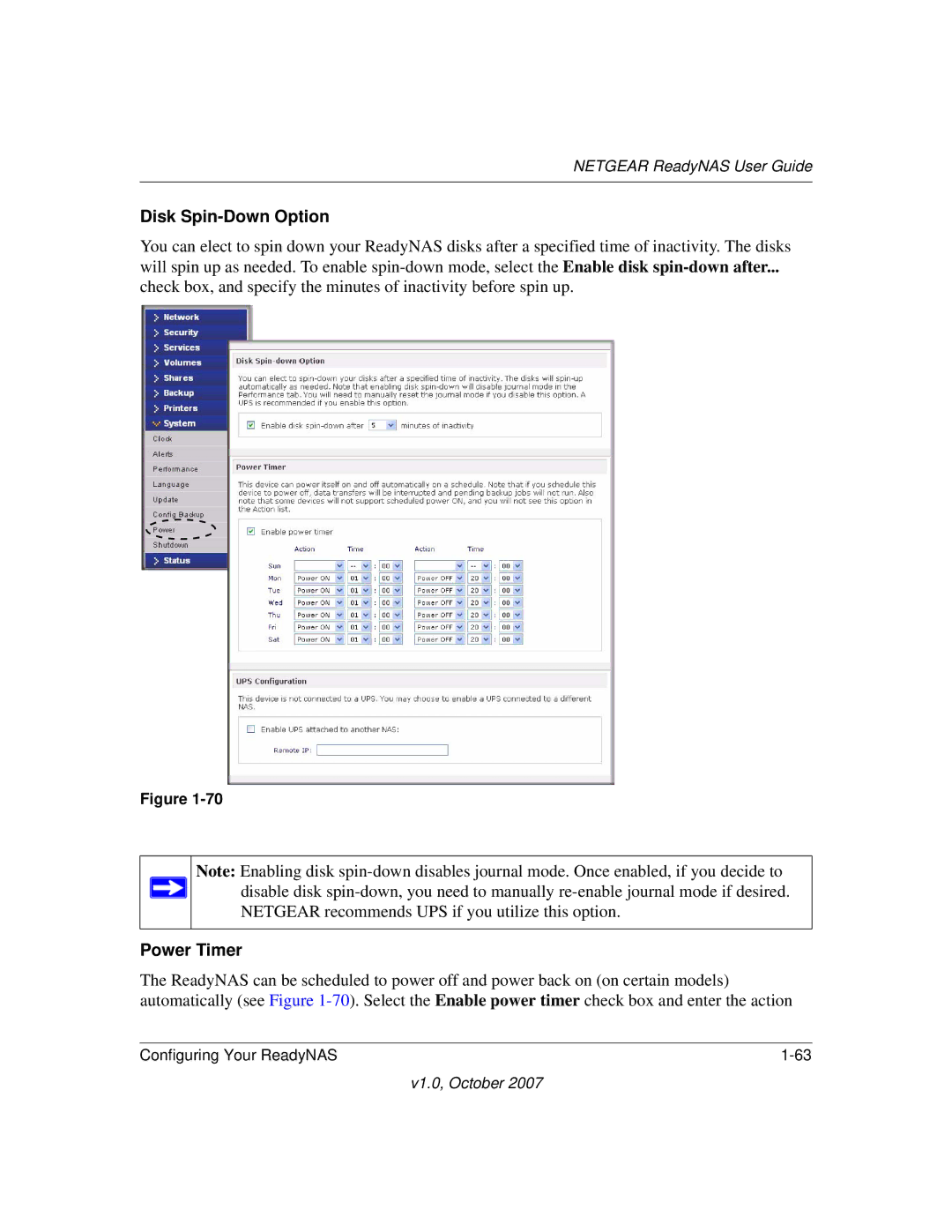 NETGEAR RN10400100NAS, RN31400-100NAS, RN10223D-100NAS, RN31441E-100NAS manual Disk Spin-Down Option, Power Timer 