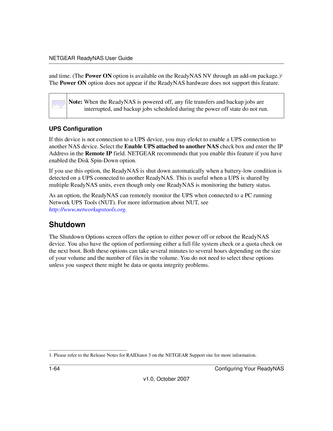 NETGEAR RN31400-100NAS, RN10223D-100NAS, RN31441E-100NAS, RN10400100NAS manual Shutdown, UPS Configuration 