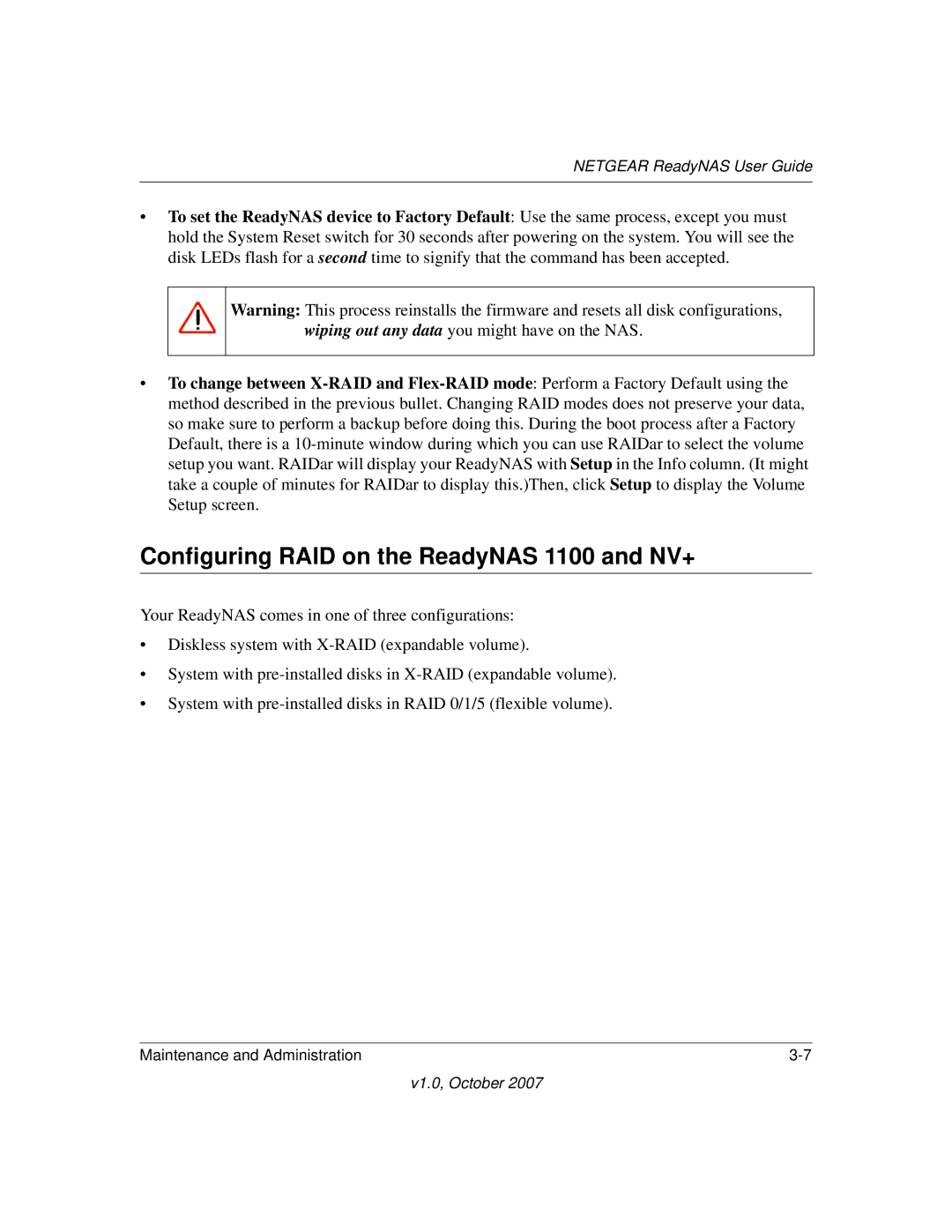 NETGEAR RN10400100NAS, RN31400-100NAS, RN10223D-100NAS, RN31441E-100NAS manual Configuring RAID on the ReadyNAS 1100 and NV+ 