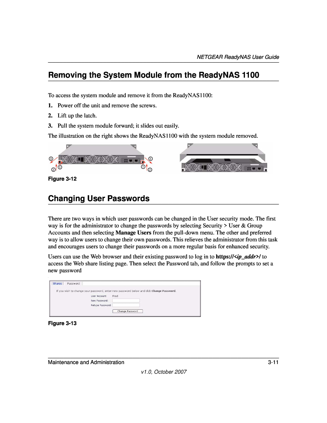 NETGEAR RN10400100NAS, RN31400-100NAS manual Removing the System Module from the ReadyNAS, Changing User Passwords 