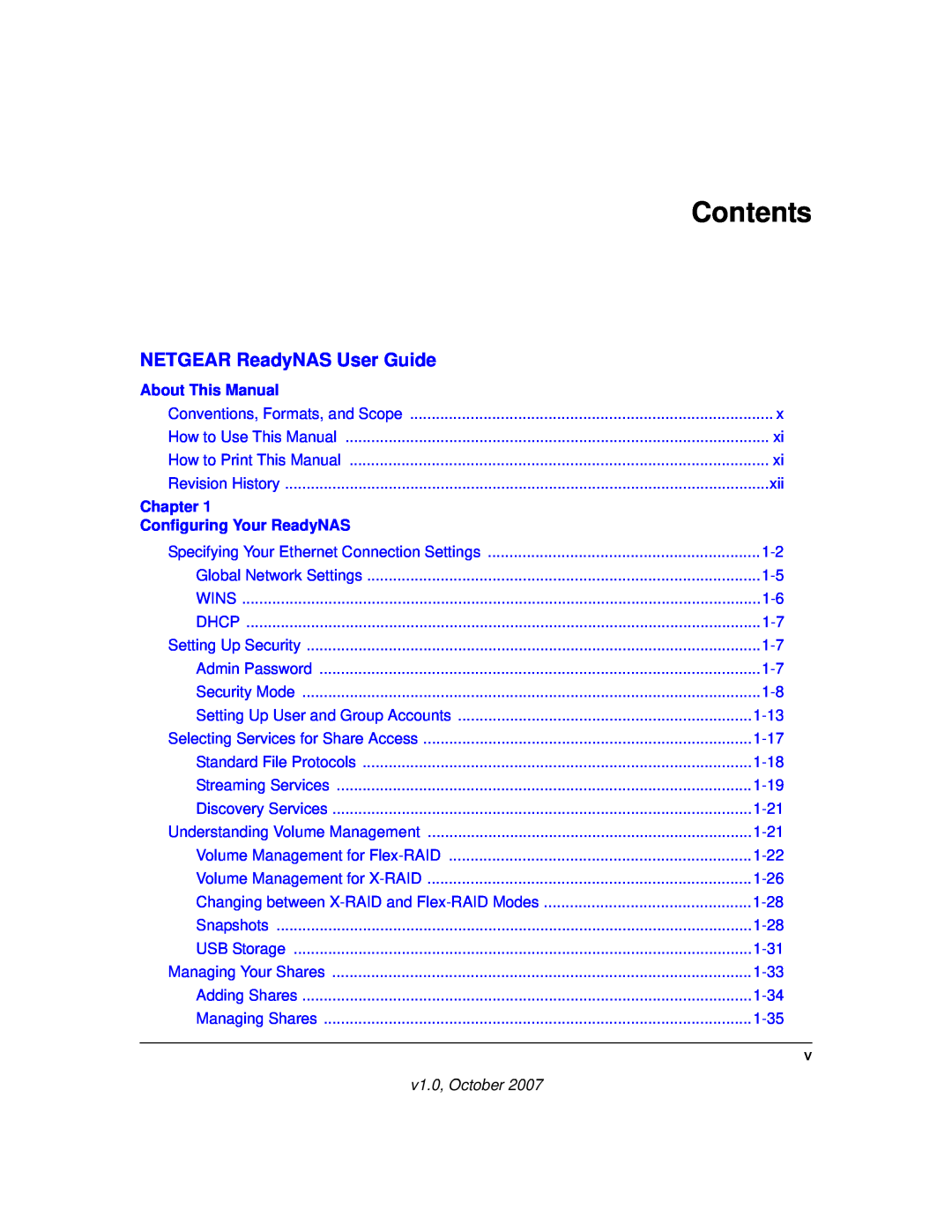 NETGEAR RN10223D-100NAS manual Contents, NETGEAR ReadyNAS User Guide, About This Manual, Chapter, Configuring Your ReadyNAS 