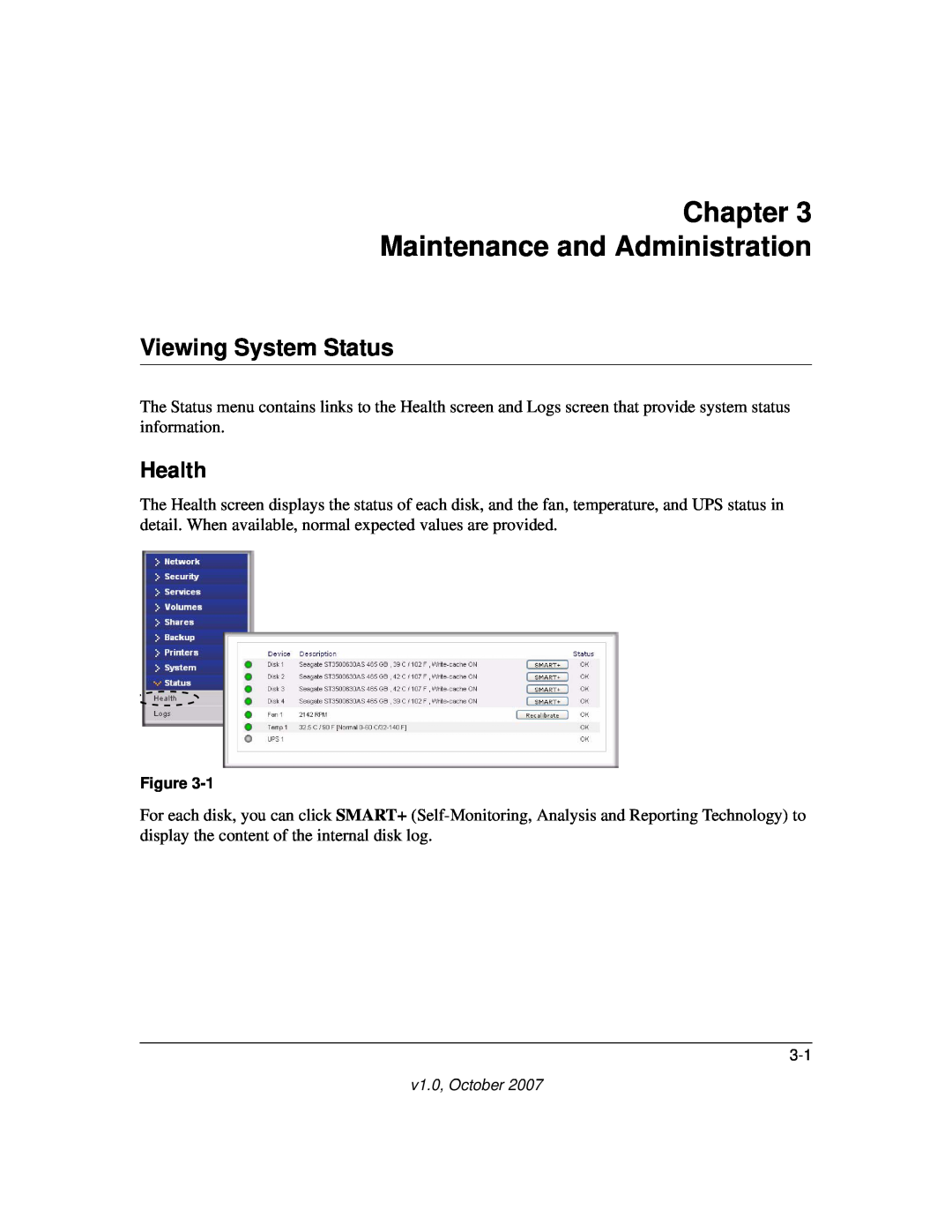 NETGEAR RN10223D-100NAS, RN31400-100NAS manual Chapter Maintenance and Administration, Viewing System Status, Health 