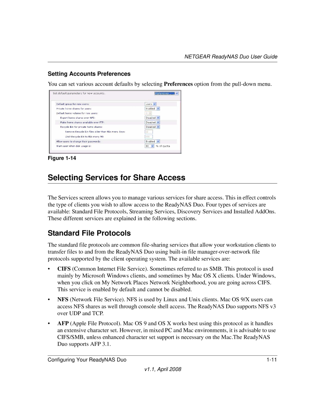 NETGEAR RND2110, RND 2175 manual Selecting Services for Share Access, Standard File Protocols, Setting Accounts Preferences 