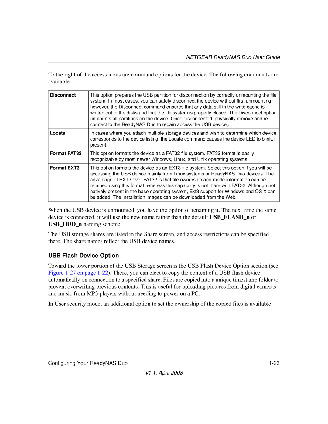 NETGEAR RND2110, RND 2175 manual USB Flash Device Option, Disconnect 