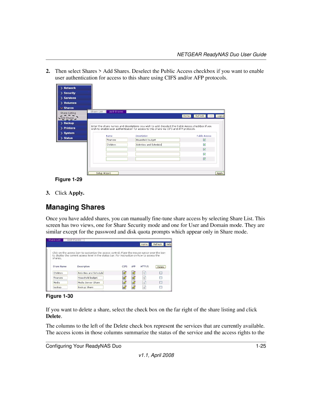 NETGEAR RND2110, RND 2175 manual Managing Shares 