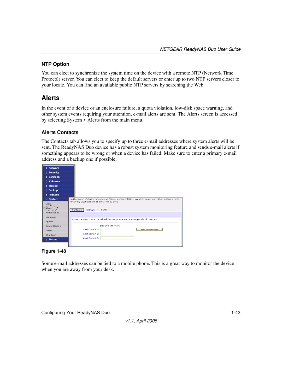 NETGEAR RND2110, RND 2175 manual NTP Option, Alerts Contacts 