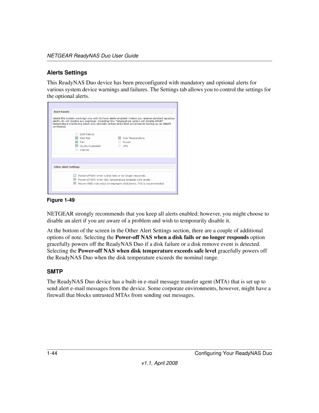 NETGEAR RND 2175, RND2110 manual Alerts Settings, Smtp 