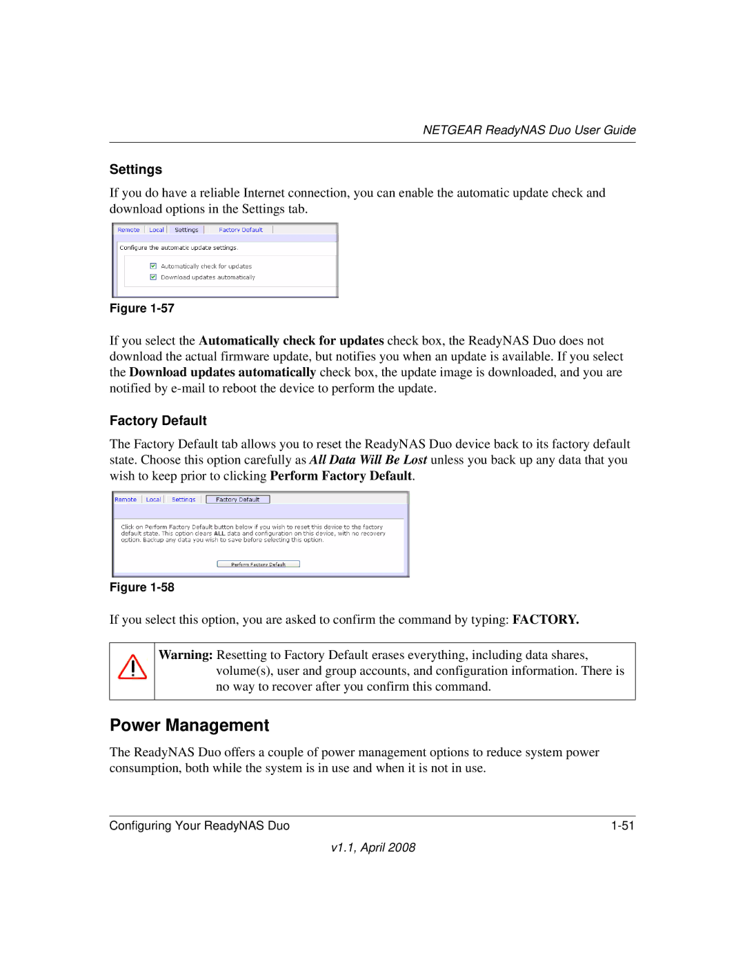 NETGEAR RND2110, RND 2175 manual Power Management, Settings, Factory Default 