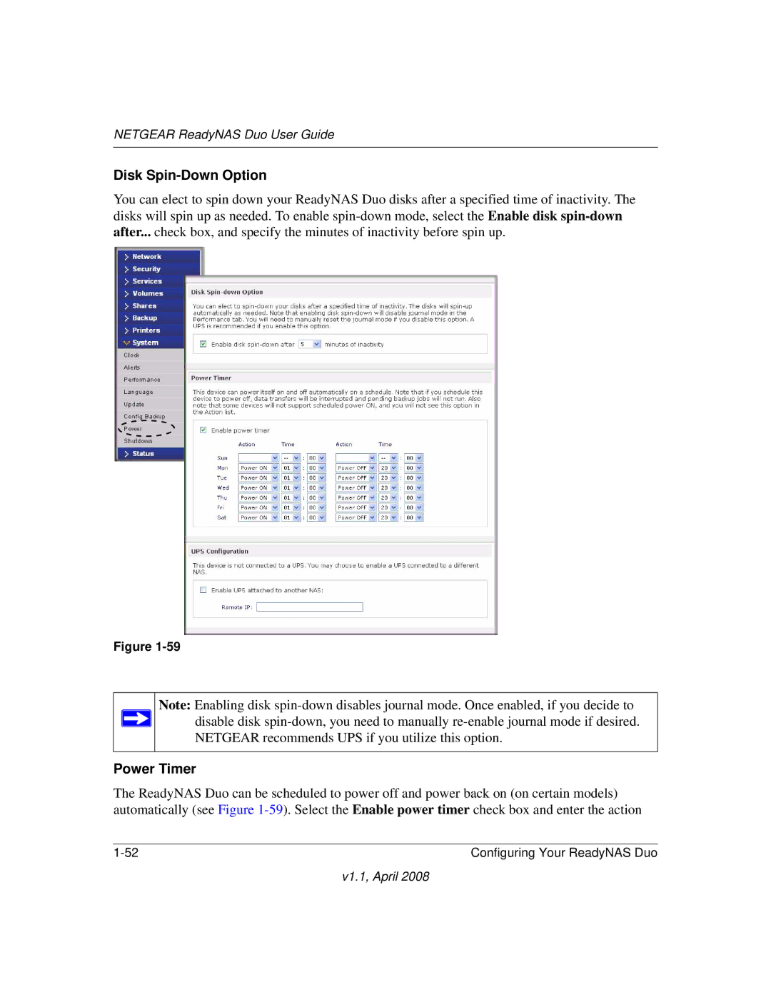 NETGEAR RND 2175, RND2110 manual Disk Spin-Down Option, Power Timer 