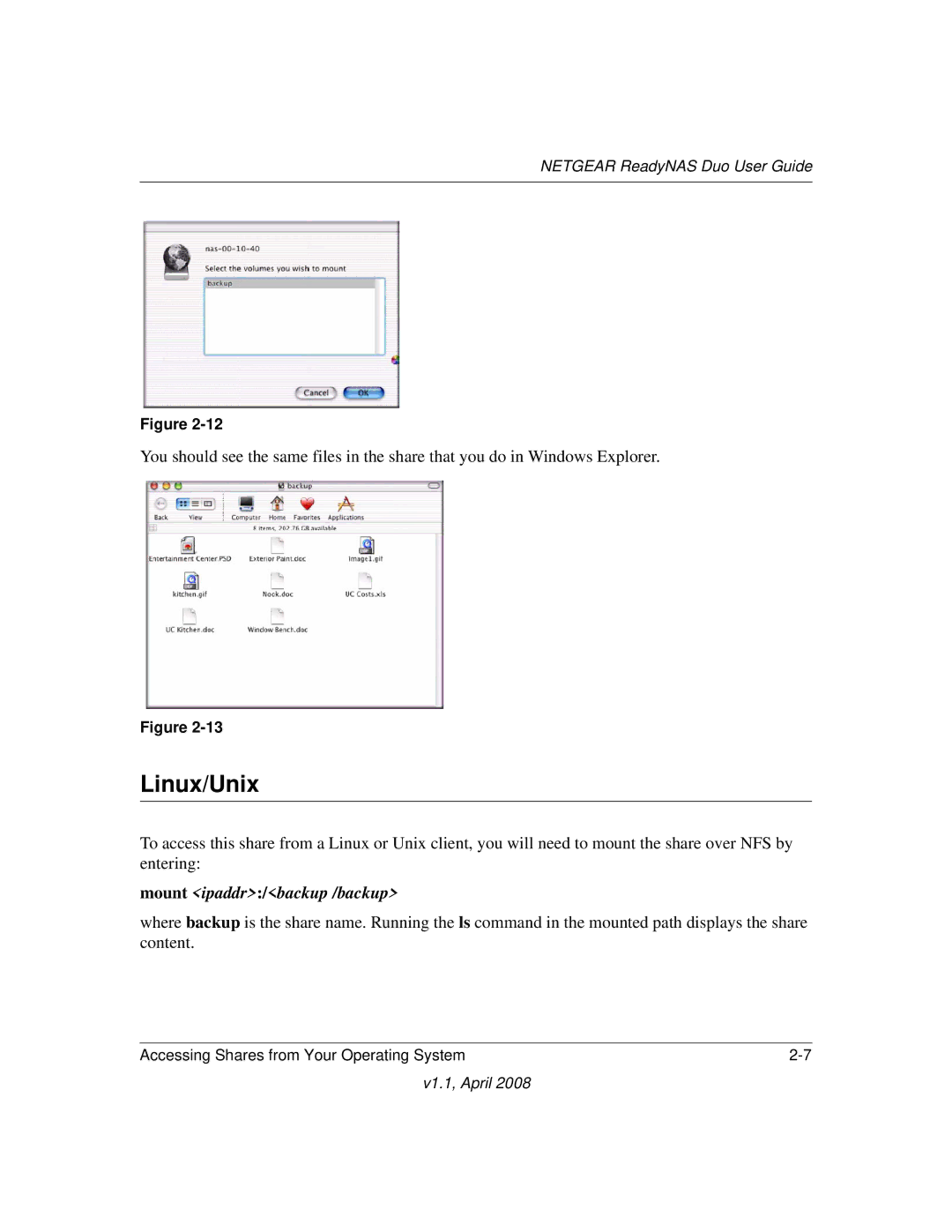 NETGEAR RND2110, RND 2175 manual Linux/Unix, Mount ipaddr/backup /backup 