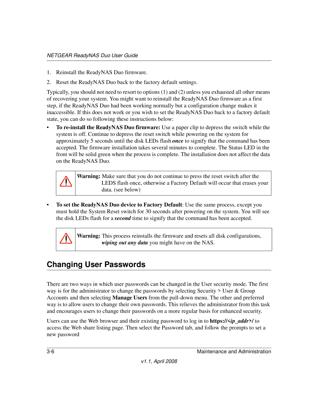 NETGEAR RND 2175, RND2110 manual Changing User Passwords 