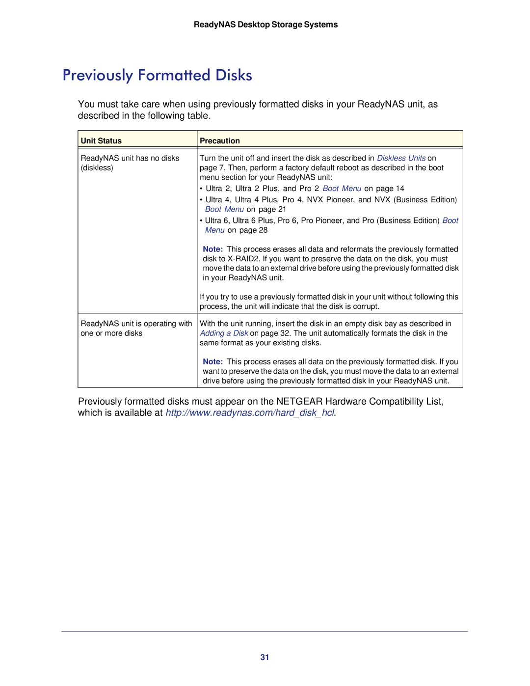 NETGEAR RNDP6310-100NAS manual Previously Formatted Disks, Unit Status Precaution 