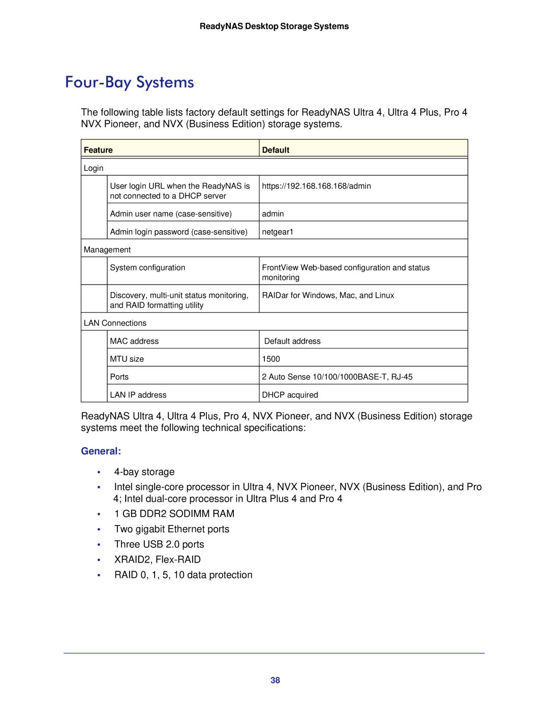 NETGEAR RNDP6310-100NAS manual Four-Bay Systems, GB DDR2 Sodimm RAM 