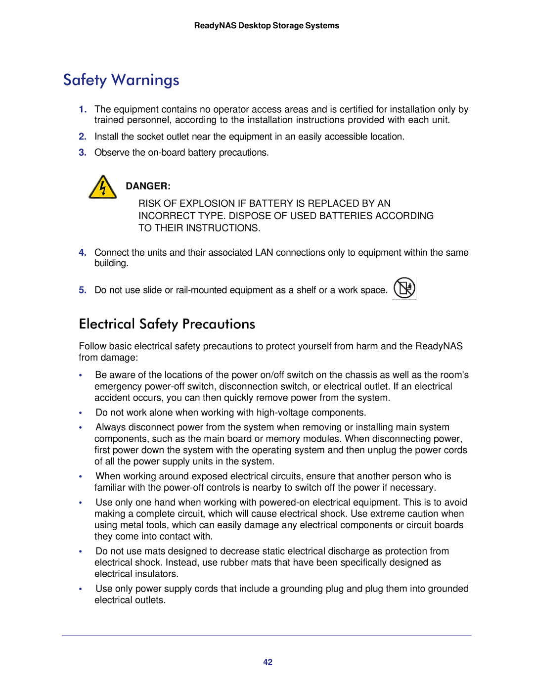 NETGEAR RNDP6310-100NAS manual Safety Warnings, Electrical Safety Precautions 