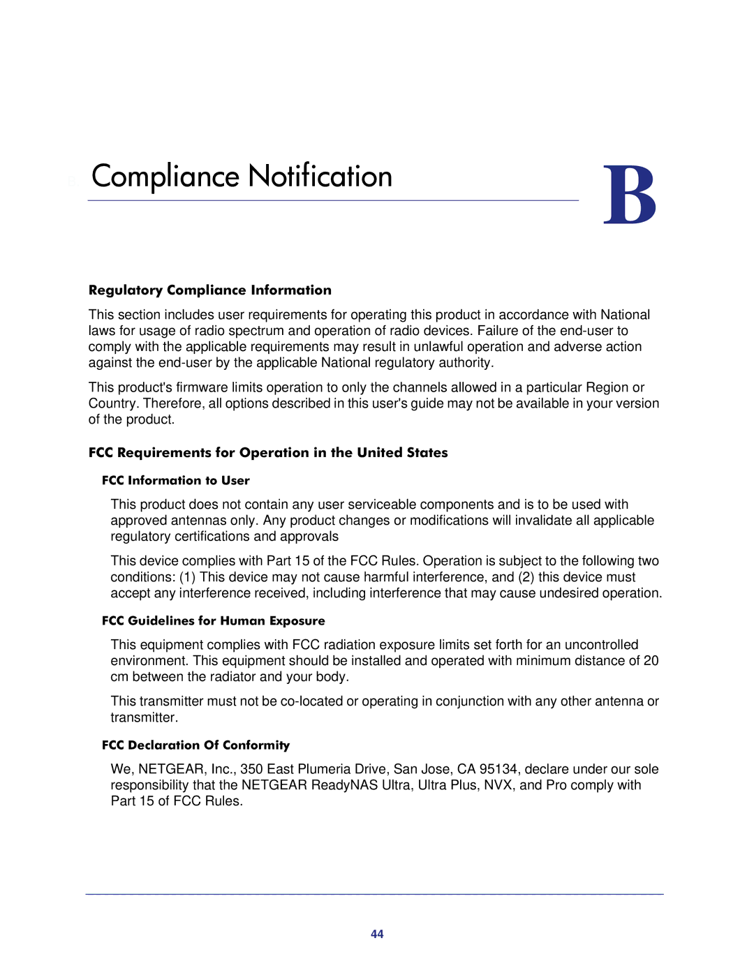 NETGEAR RNDP6310-100NAS manual Regulatory Compliance Information, FCC Requirements for Operation in the United States 