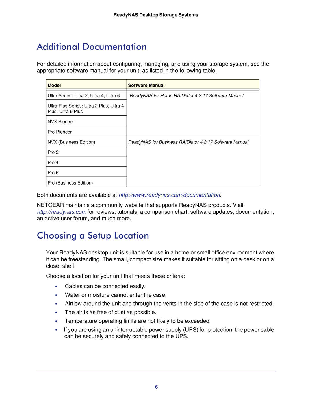 NETGEAR RNDP6310-100NAS manual Additional Documentation, Choosing a Setup Location 