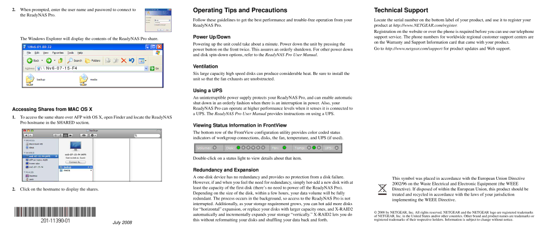 NETGEAR RNDP6350-100NAS user manual Operating Tips and Precautions, Technical Support 