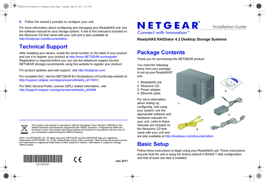 NETGEAR RNDP6630-200NAS software manual Technical Support, Package Contents, Basic Setup, Installation Guide, Resource CD 