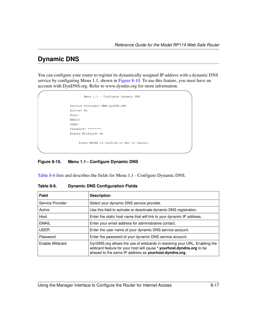 NETGEAR RP114 manual Menu 1.1 Configure Dynamic DNS 