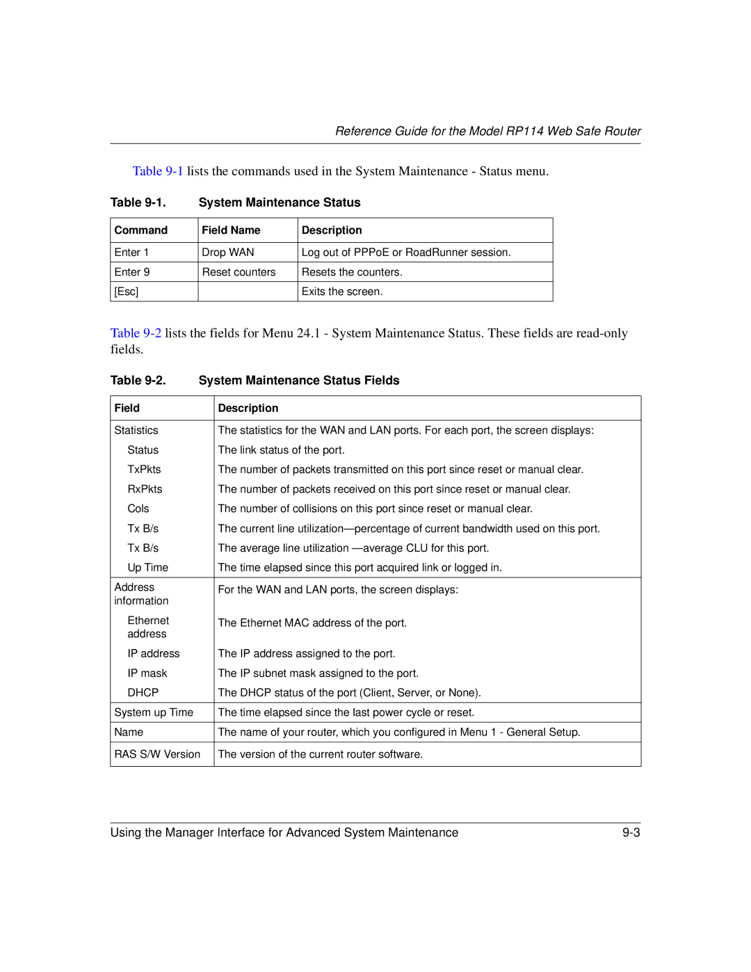 NETGEAR RP114 manual System Maintenance Status Fields 