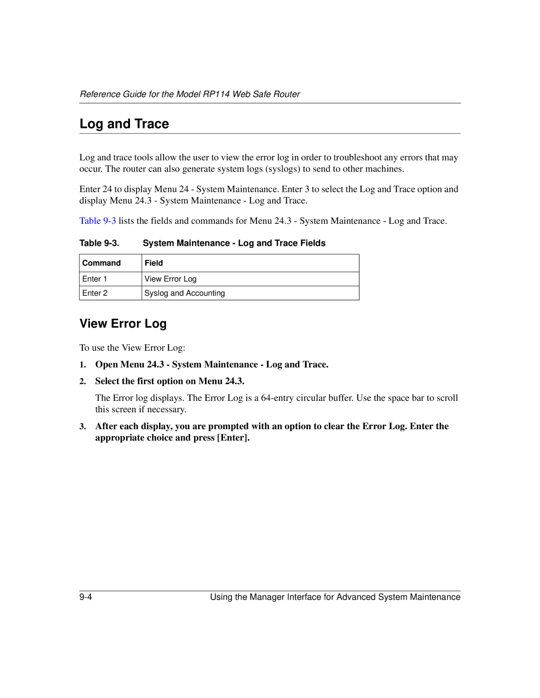 NETGEAR RP114 manual View Error Log, System Maintenance Log and Trace Fields 