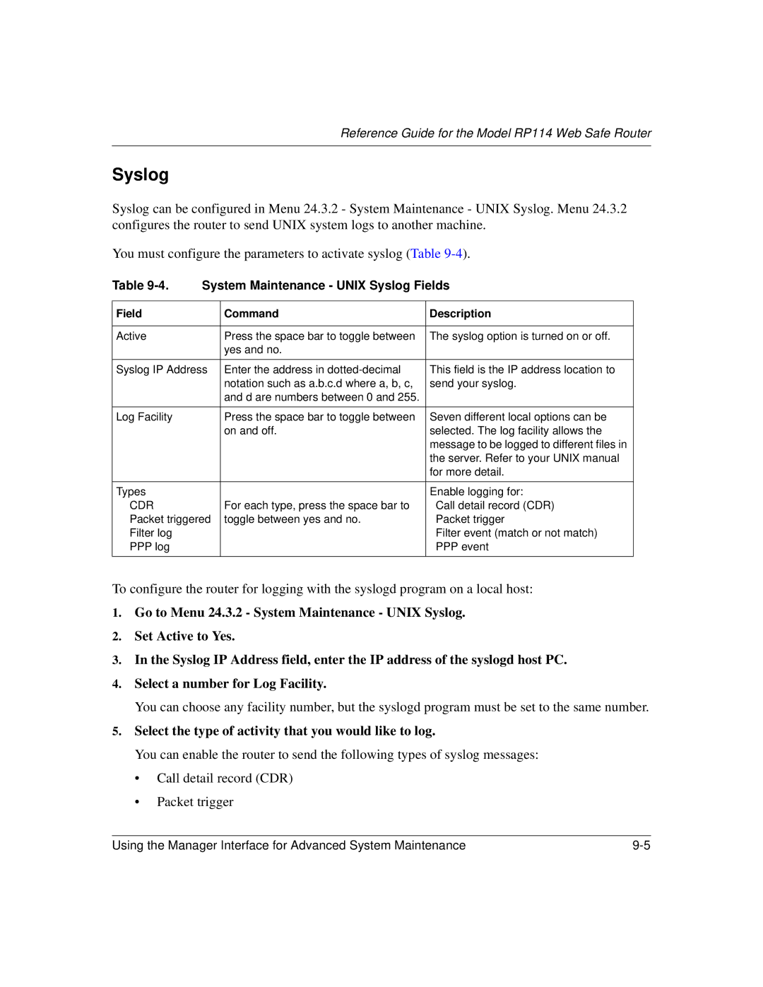 NETGEAR RP114 manual System Maintenance Unix Syslog Fields 