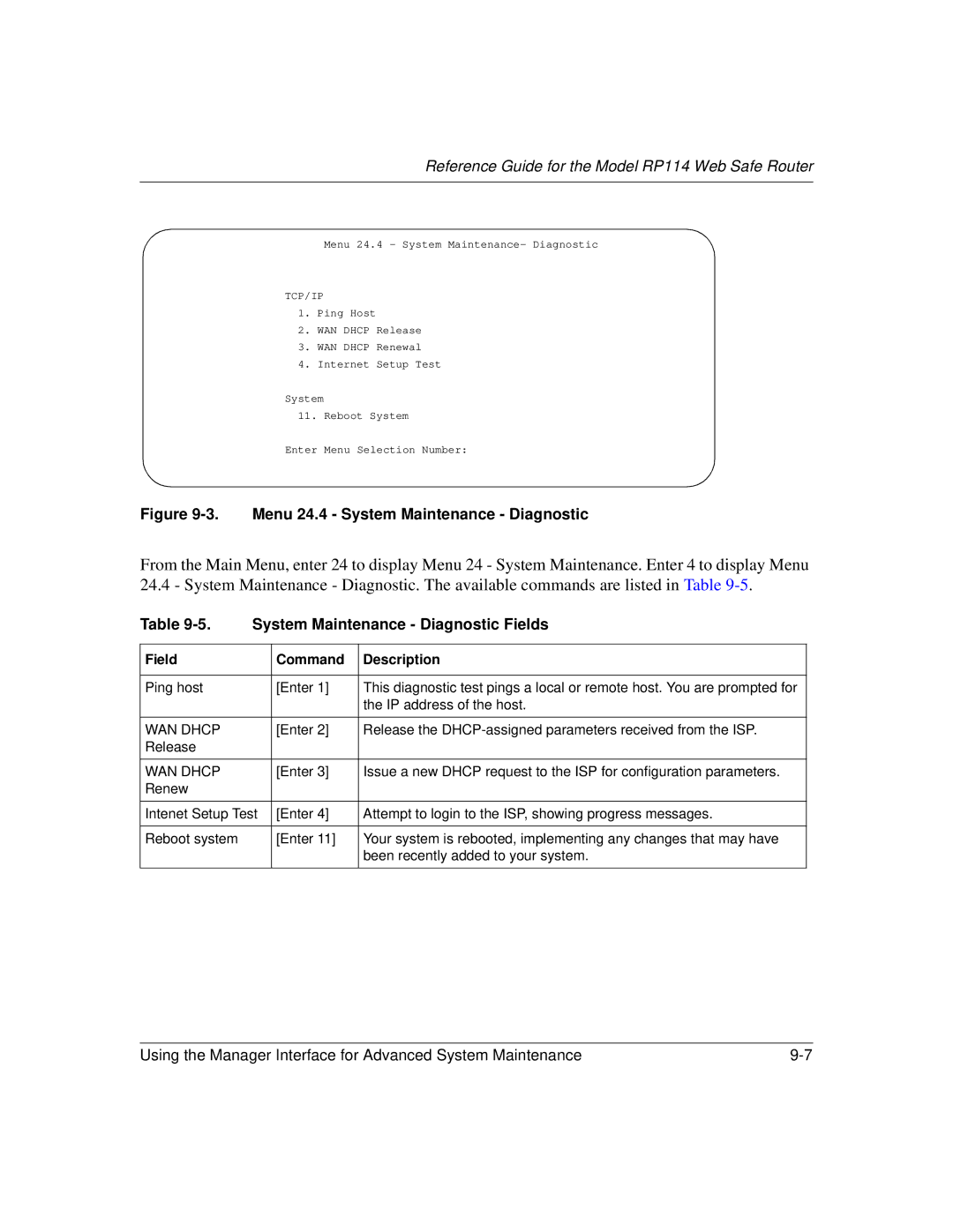 NETGEAR RP114 manual Menu 24.4 System Maintenance Diagnostic, System Maintenance Diagnostic Fields 