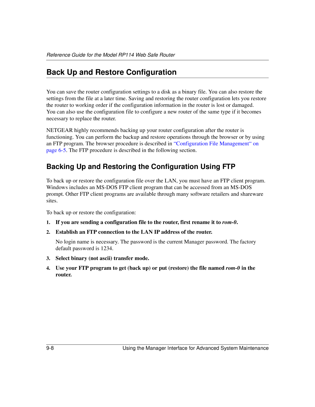 NETGEAR RP114 manual Back Up and Restore Configuration, Backing Up and Restoring the Configuration Using FTP 