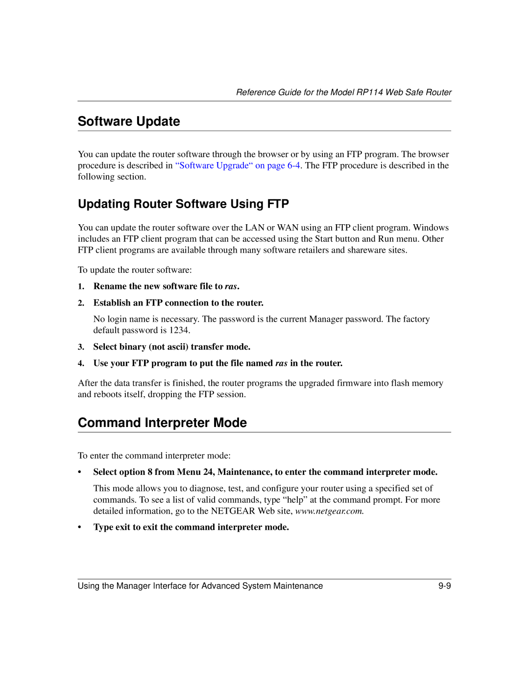 NETGEAR RP114 manual Software Update, Command Interpreter Mode, Updating Router Software Using FTP 