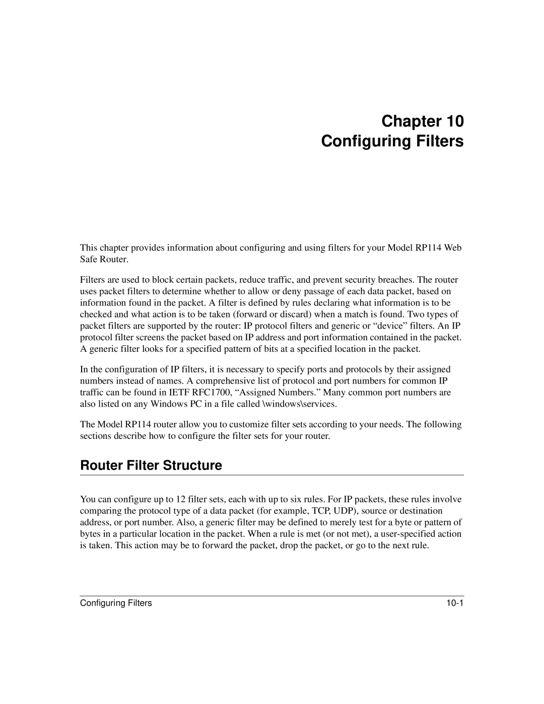 NETGEAR RP114 manual Chapter Configuring Filters, Router Filter Structure 