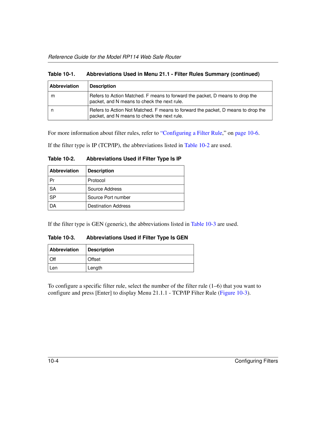 NETGEAR RP114 manual Abbreviations Used if Filter Type Is IP, Abbreviations Used if Filter Type Is GEN 