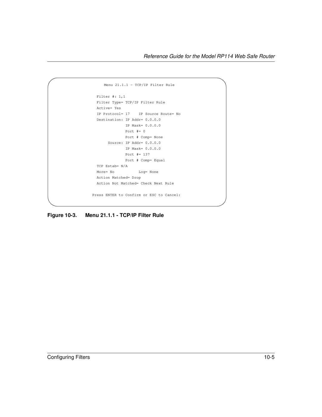 NETGEAR RP114 manual Menu 21.1.1 TCP/IP Filter Rule 