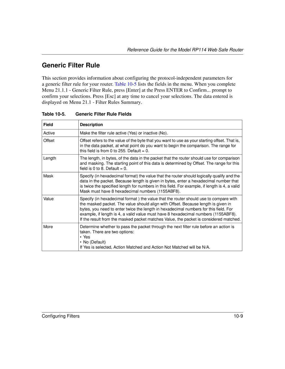 NETGEAR RP114 manual Generic Filter Rule Fields 